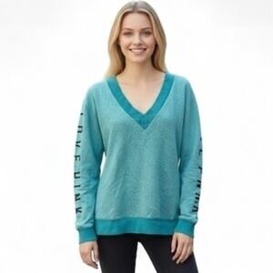 Victorias Secret PINK‎ V-Neck Sweatshirt Teal Love Pink Graphic Sleeve Pullover